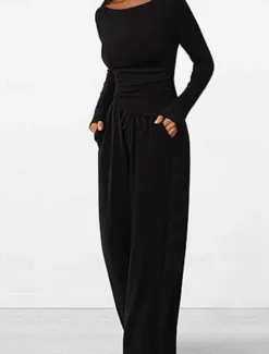 Discount Women's Fashion Streetwear Daily Pants Sets Long Sleeve Crew Neck Plain Casual Daily Black Red Dark Green Summer Regular Fit Women Two Piece Sets