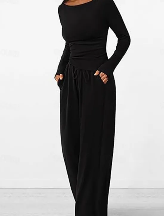 Discount Women's Fashion Streetwear Daily Pants Sets Long Sleeve Crew Neck Plain Casual Daily Black Red Dark Green Summer Regular Fit Women Two Piece Sets