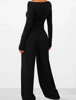 Discount Women's Fashion Streetwear Daily Pants Sets Long Sleeve Crew Neck Plain Casual Daily Black Red Dark Green Summer Regular Fit Women Two Piece Sets