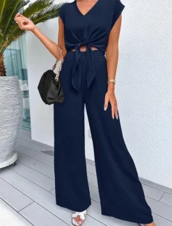 Discount Women's Fashion Streetwear Daily Pants Sets Short Sleeve V Neck Solid Color Lace up Casual Daily Black Dark Navy Navy Blue Summer Regular Fit Women Two Piece Sets