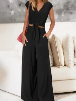 Discount Women's Fashion Streetwear Daily Pants Sets Short Sleeve V Neck Solid Color Lace up Casual Daily Black Dark Navy Navy Blue Summer Regular Fit Women Two Piece Sets