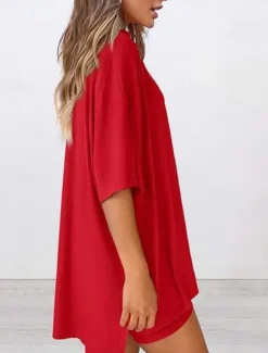 New Women's Fashion Streetwear Daily Shorts Sets Short Sleeve Crew Neck Solid Color Casual Daily Black White Red Summer Loose Fit Women Two Piece Sets