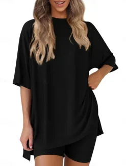 New Women's Fashion Streetwear Daily Shorts Sets Short Sleeve Crew Neck Solid Color Casual Daily Black White Red Summer Loose Fit Women Two Piece Sets