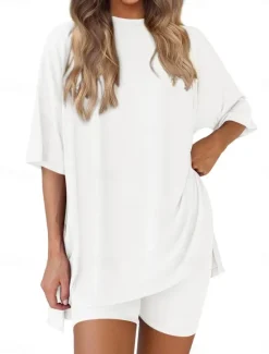 New Women's Fashion Streetwear Daily Shorts Sets Short Sleeve Crew Neck Solid Color Casual Daily Black White Red Summer Loose Fit Women Two Piece Sets