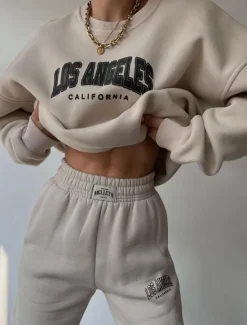 Outlet Women's Fashion Streetwear Daily Sweatshirt Sweatpants Long Sleeve Crew Neck Letter Print Casual Daily Blue Brown Beige Fall Regular Fit Women Two Piece Sets