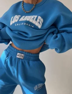 Outlet Women's Fashion Streetwear Daily Sweatshirt Sweatpants Long Sleeve Crew Neck Letter Print Casual Daily Blue Brown Beige Fall Regular Fit Women Two Piece Sets