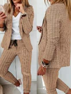 Outlet Women's Fashion Streetwear Daily Blazer Suits Long Sleeve Shirt Collar Plaid Print Office Work Black Pink Khaki Spring Regular Fit Women Blazers & Suits