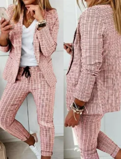 Outlet Women's Fashion Streetwear Daily Blazer Suits Long Sleeve Shirt Collar Plaid Print Office Work Black Pink Khaki Spring Regular Fit Women Blazers & Suits
