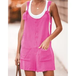 Sale Women's Fashion Streetwear Overalls Short Pants Daily Weekend Inelastic Plain Linen / Cotton Blend Breathable Soft Mid Waist Loose Green Black Army Green Fuchsia Khaki S M L XL XXL Women Jumpsuits