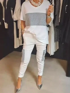 Clearance Women's Fashion Streetwear Daily Pants Sets Half Sleeve Round Neck Striped Print Casual Daily Black White Purple Summer Regular Fit Women Two Piece Sets
