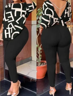 Best Women's Fashion Streetwear Daily T Shirt Tapered pants Long Sleeve Crew Neck Color Block Backless Print Casual Daily White Yellow Beige Summer Regular Fit Women Two Piece Sets