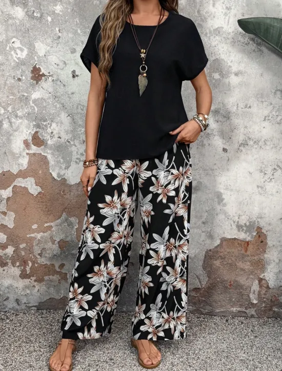 New Women's Fashion Streetwear Daily T Shirt Wide Leg Pants Short Sleeve Crew Neck Floral Drawstring Casual Daily Black Navy Blue Green Summer Regular Fit Women Two Piece Sets