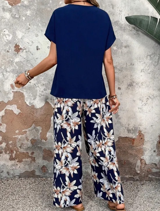 New Women's Fashion Streetwear Daily T Shirt Wide Leg Pants Short Sleeve Crew Neck Floral Drawstring Casual Daily Black Navy Blue Green Summer Regular Fit Women Two Piece Sets