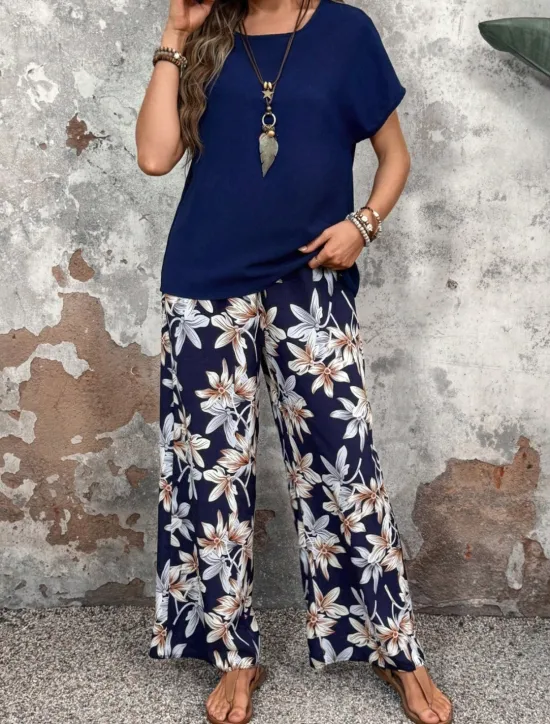 New Women's Fashion Streetwear Daily T Shirt Wide Leg Pants Short Sleeve Crew Neck Floral Drawstring Casual Daily Black Navy Blue Green Summer Regular Fit Women Two Piece Sets