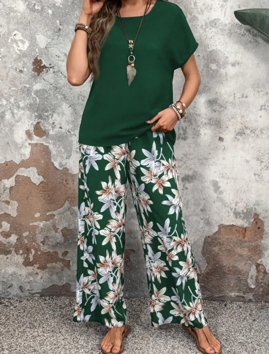 New Women's Fashion Streetwear Daily T Shirt Wide Leg Pants Short Sleeve Crew Neck Floral Drawstring Casual Daily Black Navy Blue Green Summer Regular Fit Women Two Piece Sets