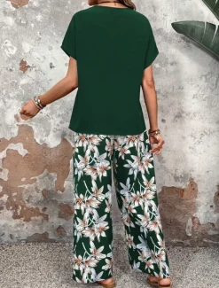 New Women's Fashion Streetwear Daily T Shirt Wide Leg Pants Short Sleeve Crew Neck Floral Drawstring Casual Daily Black Navy Blue Green Summer Regular Fit Women Two Piece Sets