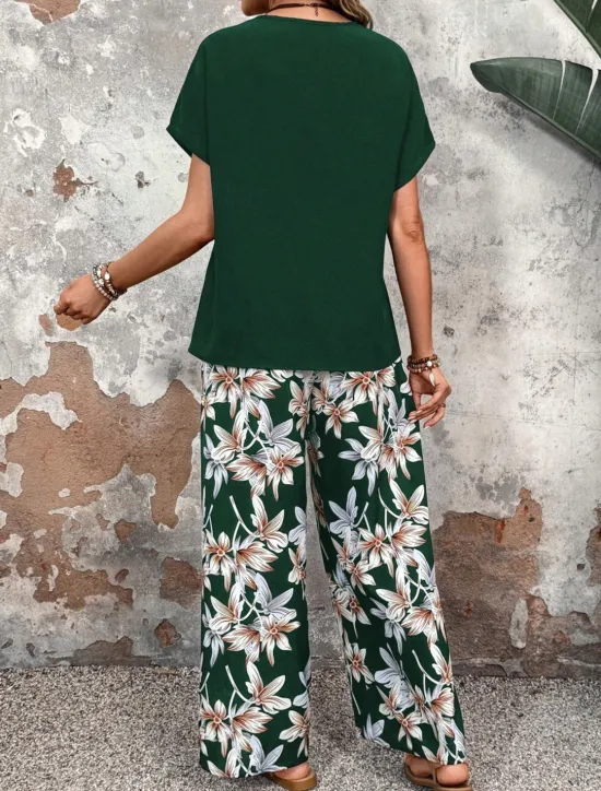 New Women's Fashion Streetwear Daily T Shirt Wide Leg Pants Short Sleeve Crew Neck Floral Drawstring Casual Daily Black Navy Blue Green Summer Regular Fit Women Two Piece Sets