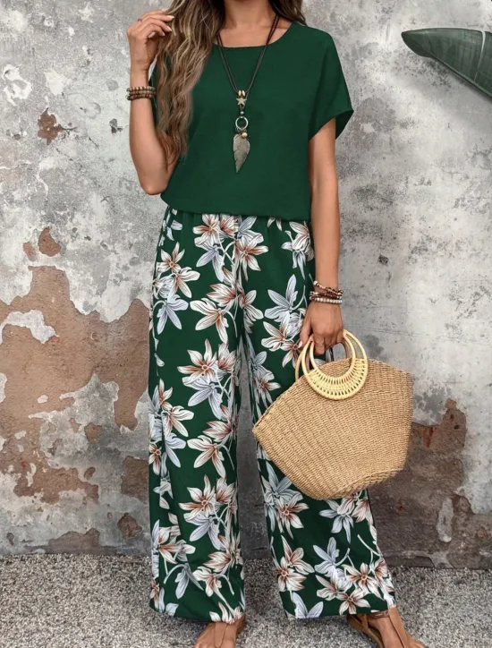 New Women's Fashion Streetwear Daily T Shirt Wide Leg Pants Short Sleeve Crew Neck Floral Drawstring Casual Daily Black Navy Blue Green Summer Regular Fit Women Two Piece Sets