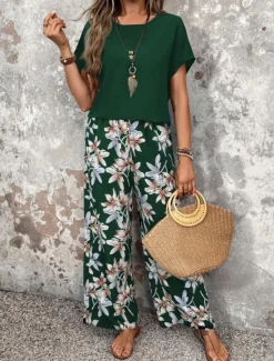 New Women's Fashion Streetwear Daily T Shirt Wide Leg Pants Short Sleeve Crew Neck Floral Drawstring Casual Daily Black Navy Blue Green Summer Regular Fit Women Two Piece Sets