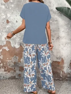 New Women's Fashion Streetwear Daily T Shirt Wide Leg Pants Short Sleeve Crew Neck Floral Drawstring Casual Daily Black Navy Blue Green Summer Regular Fit Women Two Piece Sets