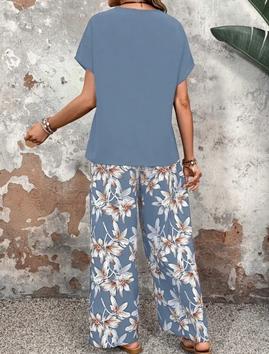 New Women's Fashion Streetwear Daily T Shirt Wide Leg Pants Short Sleeve Crew Neck Floral Drawstring Casual Daily Black Navy Blue Green Summer Regular Fit Women Two Piece Sets