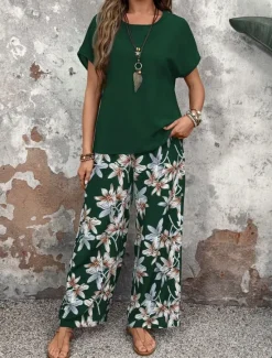 New Women's Fashion Streetwear Daily T Shirt Wide Leg Pants Short Sleeve Crew Neck Floral Drawstring Casual Daily Black Navy Blue Green Summer Regular Fit Women Two Piece Sets