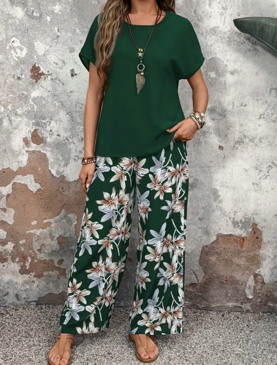 New Women's Fashion Streetwear Daily T Shirt Wide Leg Pants Short Sleeve Crew Neck Floral Drawstring Casual Daily Black Navy Blue Green Summer Regular Fit Women Two Piece Sets