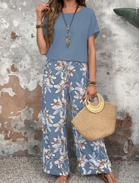 New Women's Fashion Streetwear Daily T Shirt Wide Leg Pants Short Sleeve Crew Neck Floral Drawstring Casual Daily Black Navy Blue Green Summer Regular Fit Women Two Piece Sets