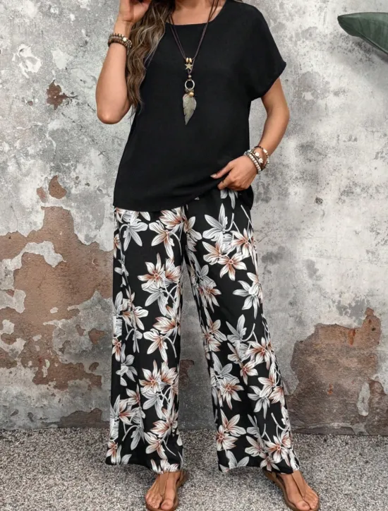 New Women's Fashion Streetwear Daily T Shirt Wide Leg Pants Short Sleeve Crew Neck Floral Drawstring Casual Daily Black Navy Blue Green Summer Regular Fit Women Two Piece Sets