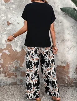 New Women's Fashion Streetwear Daily T Shirt Wide Leg Pants Short Sleeve Crew Neck Floral Drawstring Casual Daily Black Navy Blue Green Summer Regular Fit Women Two Piece Sets