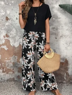 New Women's Fashion Streetwear Daily T Shirt Wide Leg Pants Short Sleeve Crew Neck Floral Drawstring Casual Daily Black Navy Blue Green Summer Regular Fit Women Two Piece Sets