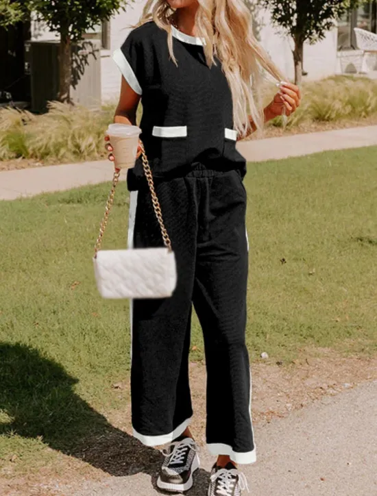 New Women's Fashion Streetwear Daily T Shirt Wide Leg Pants Short Sleeve Crew Neck Plain Casual Daily Black White Summer Regular Fit Women Two Piece Sets