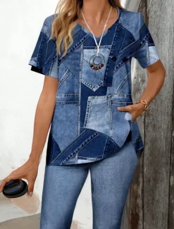 Hot Women's Fashion Stylish T Shirt Shorts Sets Short Sleeve V Neck Graphic Geometric 3D Patchwork Print Casual Daily Black Ink Blue Light Blue Summer Regular Fit Women Two Piece Sets