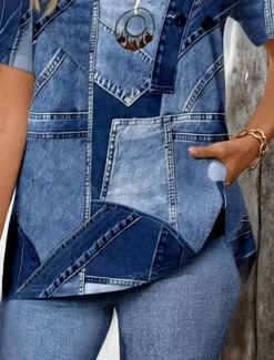 Hot Women's Fashion Stylish T Shirt Shorts Sets Short Sleeve V Neck Graphic Geometric 3D Patchwork Print Casual Daily Black Ink Blue Light Blue Summer Regular Fit Women Two Piece Sets
