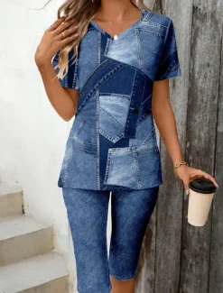 Hot Women's Fashion Stylish T Shirt Shorts Sets Short Sleeve V Neck Graphic Geometric 3D Patchwork Print Casual Daily Black Ink Blue Light Blue Summer Regular Fit Women Two Piece Sets