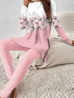 Women's Fashion T Shirt Pants Sets Pants Trousers Long Sleeve Round Neck Floral Print Casual Daily Pink Blue Spring & Fall Regular Fit Women Two Piece Sets