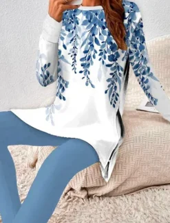 Women's Fashion T Shirt Pants Sets Pants Trousers Long Sleeve Round Neck Graphic Print Casual Daily Navy Blue Blue Brown Spring & Fall Regular Fit Women Two Piece Sets