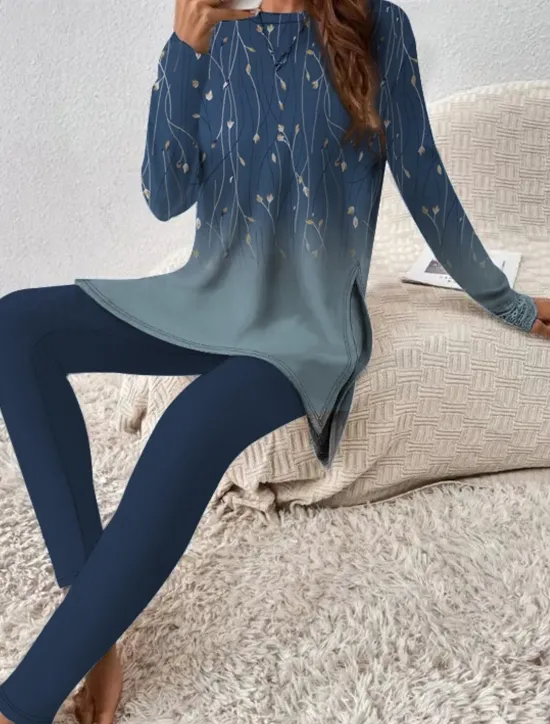 Women's Fashion T Shirt Pants Sets Pants Trousers Long Sleeve Round Neck Graphic Print Casual Daily Navy Blue Blue Brown Spring & Fall Regular Fit Women Two Piece Sets