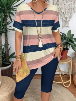 New Women's Fashion T Shirt Shorts Sets Short Sleeve V Neck Graphic Striped Print Casual Daily Pink Purple Green Summer Regular Fit Women Two Piece Sets