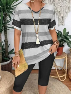 New Women's Fashion T Shirt Shorts Sets Short Sleeve V Neck Graphic Striped Print Casual Daily Pink Purple Green Summer Regular Fit Women Two Piece Sets