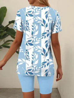 Sale Women's Fashion T Shirt Shorts Sets Short Sleeve V Neck Floral Graphic Print Casual Daily Blue Purple Green Summer Regular Fit Women Two Piece Sets