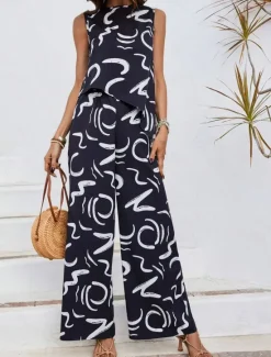 Discount Women's Fashion Tank Top Pants Sets Wide Leg Pants Trousers Sleeveless Crew Neck Printing Print Holiday Weekend Black Blue Beige Summer Regular Fit Women Two Piece Sets