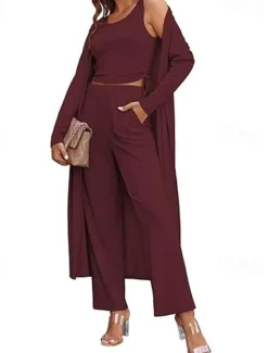 Women's Fashion Two Piece Sets Long Sleeve Round Neck Drawstring Ruched Casual Daily claret Pink Navy Blue Spring Regular Fit Women Two Piece Sets
