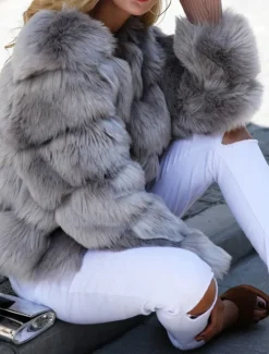 Online Women's Faux Fur Coat Active Elegant Comfortable Street Style Faux Fur Trim Outdoor Daily Wear Vacation Going out Faux Fur Short Coat Winter Fall Purple Pink Fuchsia Open Front Collarless Regular Fit Women Furs & Leathers