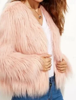 Online Women's Faux Fur Coat Warm Breathable Patchwork Elegant Cute Solid Color Party Street Pullover Crewneck Regular Fit Long Sleeve Outerwear Pink Red Khaki Fall Winter Women Furs & Leathers