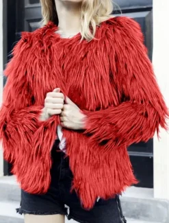 Online Women's Faux Fur Coat Warm Breathable Patchwork Elegant Cute Solid Color Party Street Pullover Crewneck Regular Fit Long Sleeve Outerwear Pink Red Khaki Fall Winter Women Furs & Leathers