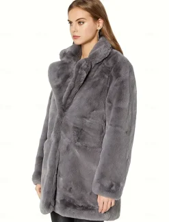 Women's Faux Fur Coat Warm Comfortable Pocket Knitting Elegant Fashion Daily Sweet Solid Color Home Casual Daily Wear Casual Daily Single Breasted Regular Lapel Slim Long Sleeve Outerwear Black White Women Furs & Leathers