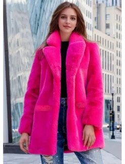 Women's Faux Fur Coat Warm Comfortable Pocket Knitting Elegant Fashion Daily Sweet Solid Color Home Casual Daily Wear Casual Daily Single Breasted Regular Lapel Slim Long Sleeve Outerwear Black White Women Furs & Leathers