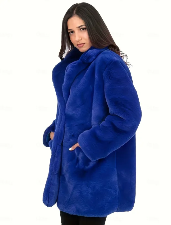 Women's Faux Fur Coat Warm Comfortable Pocket Knitting Elegant Fashion Daily Sweet Solid Color Home Casual Daily Wear Casual Daily Single Breasted Regular Lapel Slim Long Sleeve Outerwear Black White Women Furs & Leathers