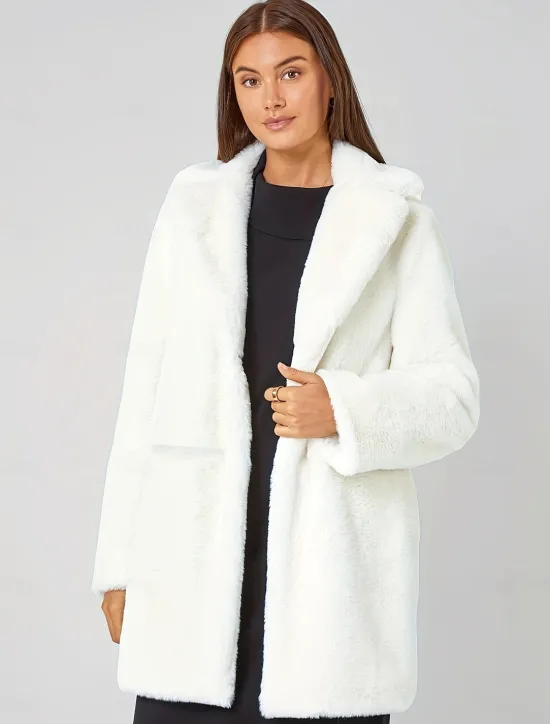 Women's Faux Fur Coat Warm Comfortable Pocket Knitting Elegant Fashion Daily Sweet Solid Color Home Casual Daily Wear Casual Daily Single Breasted Regular Lapel Slim Long Sleeve Outerwear Black White Women Furs & Leathers